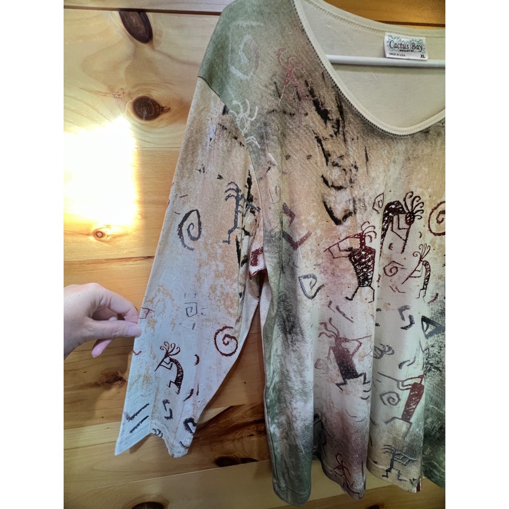 Cactus Bay Womens XL Kokopelli Petroglyph Top Rhinestone Cotton Southwest Tan - Picture 5 of 8